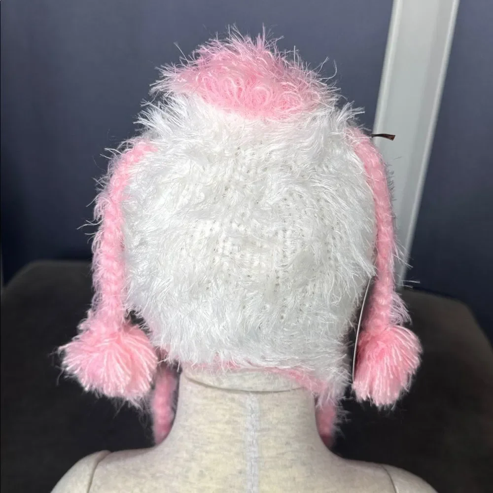 Daisy Baby Girls Infant White & Pink Feather Yarn Poodle Hat 6-12 months NEW